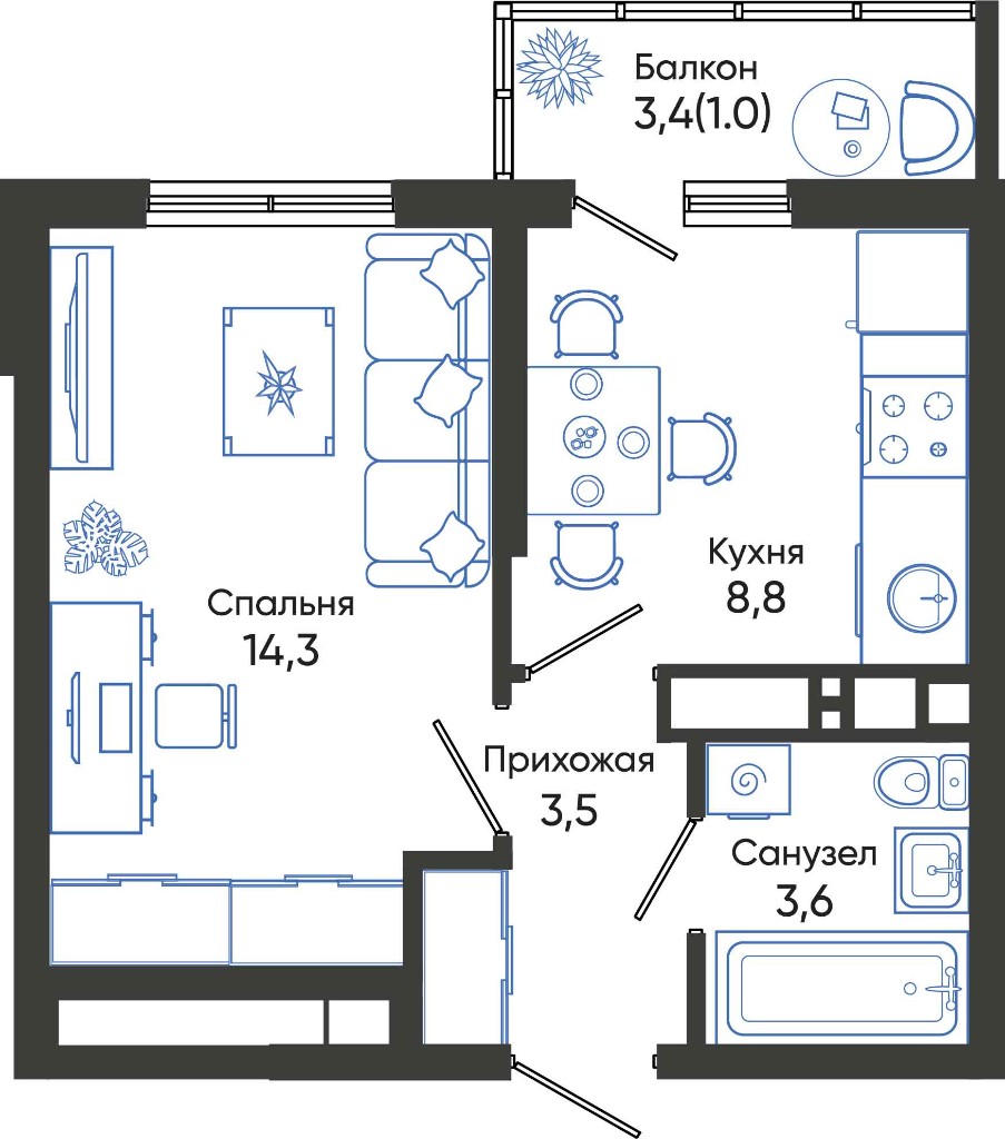 Планировка однокомнатной квартиры 31,2 м²